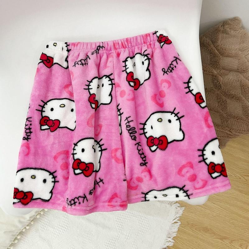Casual Sports Shorts Flannel Cartoon Hello Kitty Women's Summer New Elastic Waist Pajama Pants Wide Leg Shorts Fashion